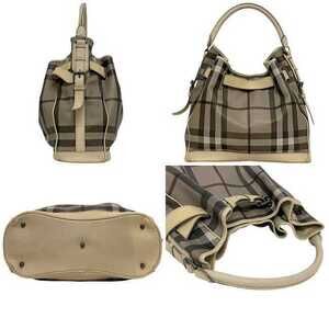 Burberry Check One Gray Shoulder Leather Shoulder Beige Hobo Belt Motif Bag